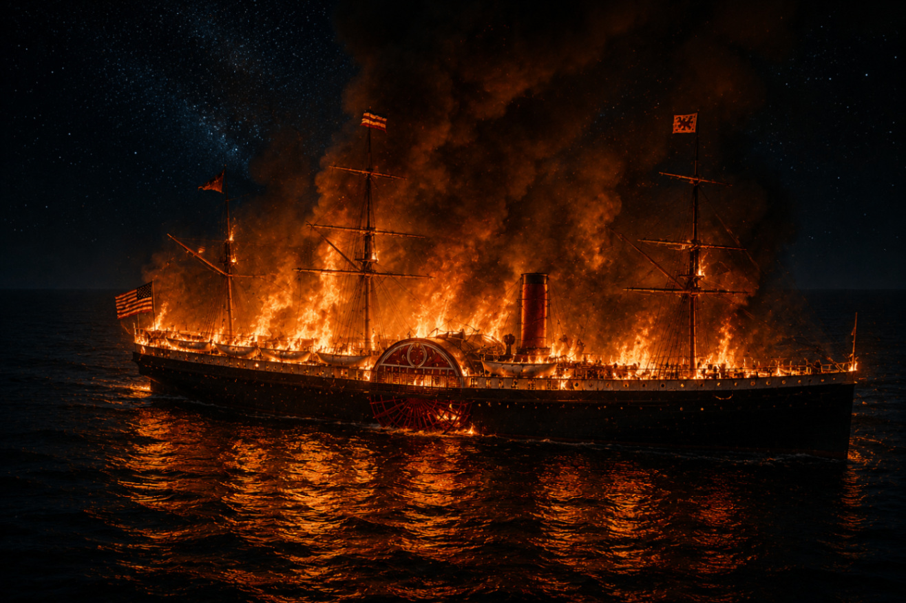 AI-generated side view of the SS Japan fully ablaze at night