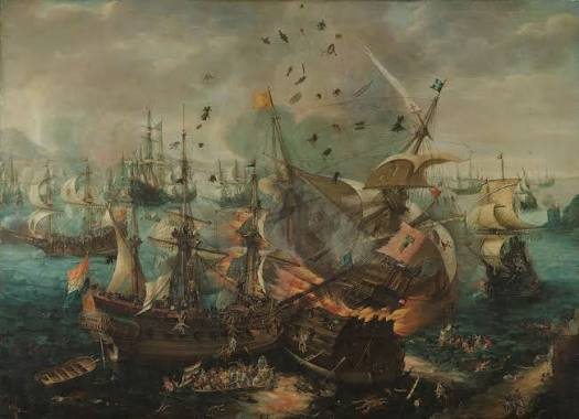 Period painting of a Dutch fleet engagement with a ship exploding amid close-quarters fighting