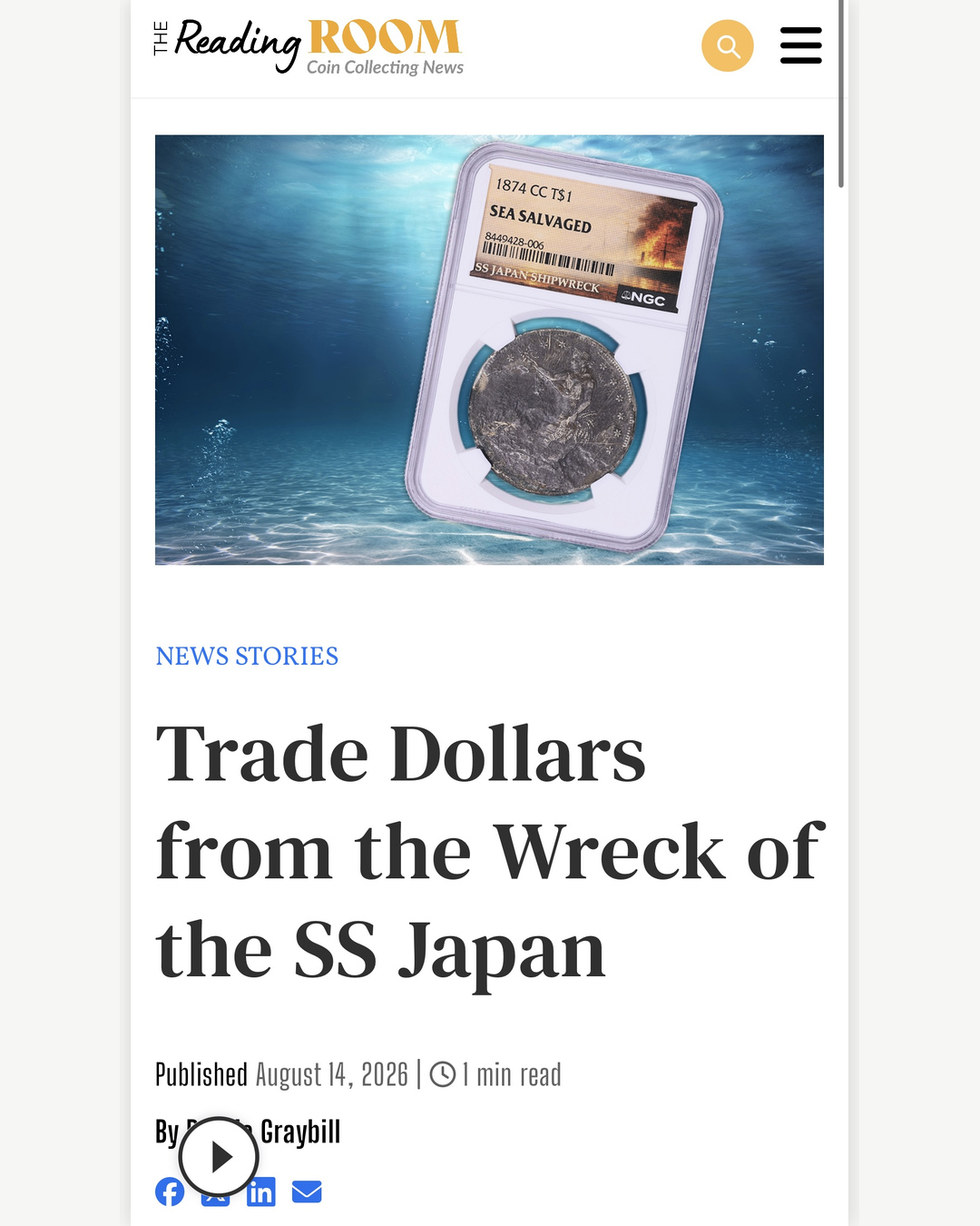 The Reading Room article header: Trade Dollars from the Wreck of the SS Japan