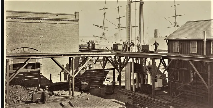 Pacific Mail Steamship Co. derrick and coal yard, San Francisco