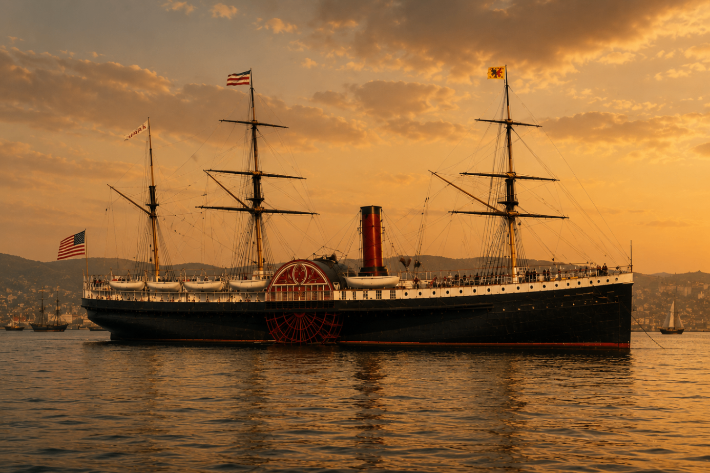 AI-generated sunset view of the SS Japan under steam