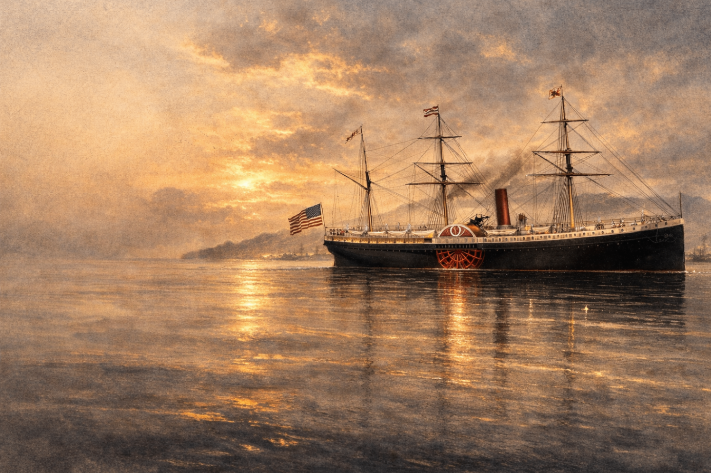 AI-generated golden hour view of the SS Japan under steam
