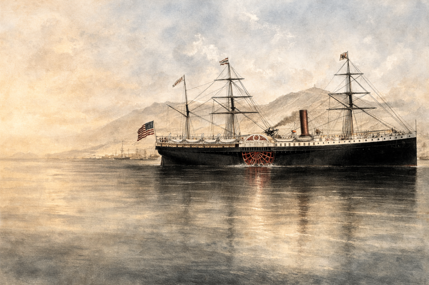 AI-generated sepia-toned wide composition of the SS Japan