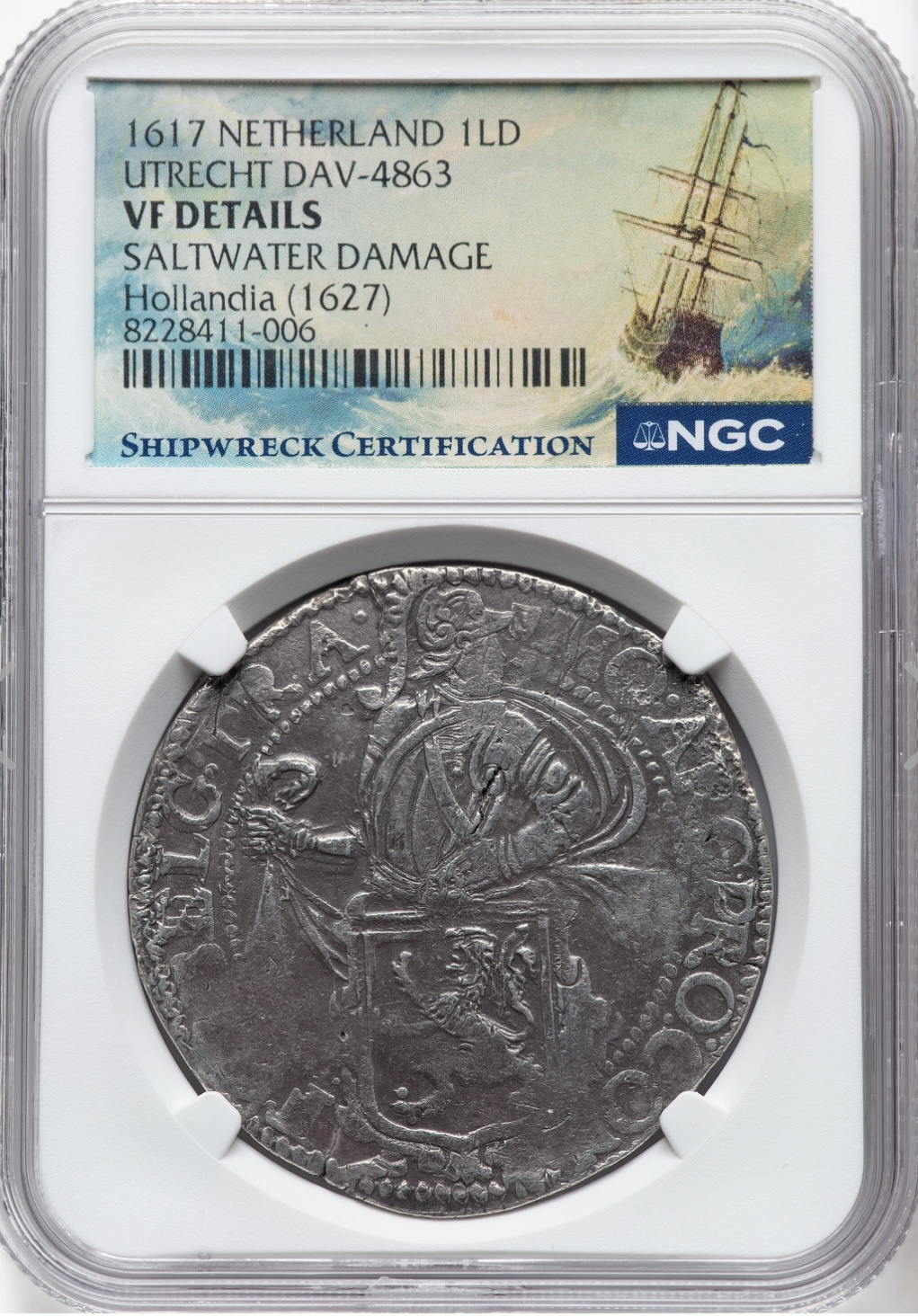 Obverse of the 1617 Utrecht Lion Daalder in its NGC shipwreck certification holder