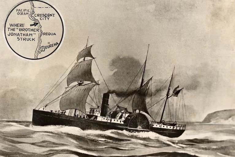 Illustration of the Brother Jonathan under way with an inset map marking where she struck off Crescent City
