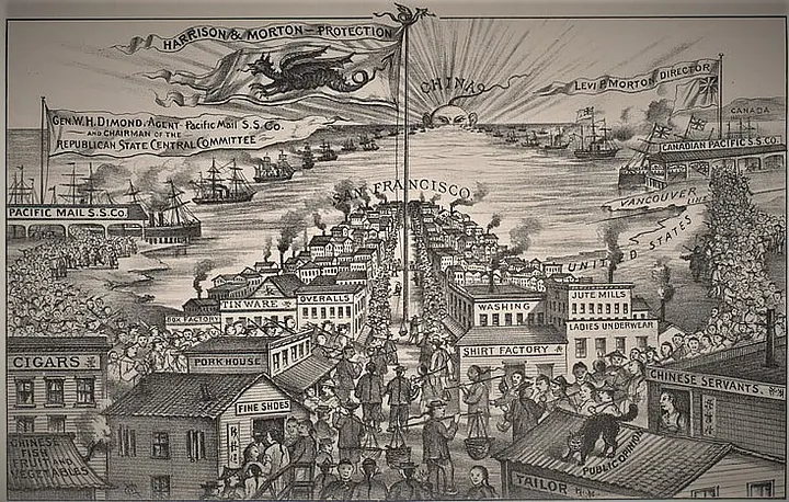 1888 political cartoon of Chinese immigration through the Pacific Mail wharves