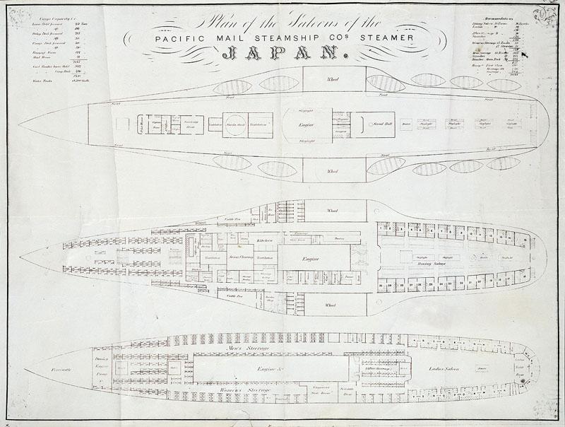 Non-colorized deck and saloon plan of the SS Japan
