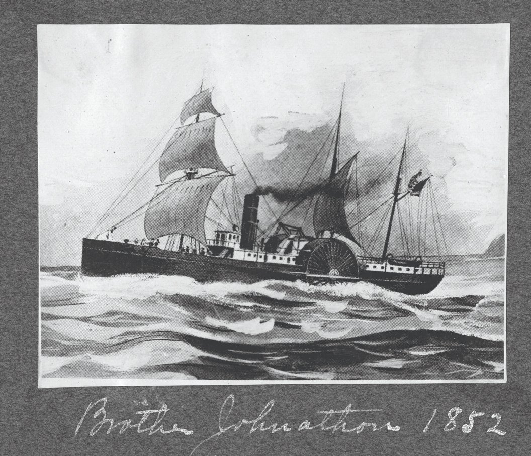 Period image of the sidewheel steamer Brother Jonathan under sail and steam, with a handwritten caption reading Brother Jonathan 1852