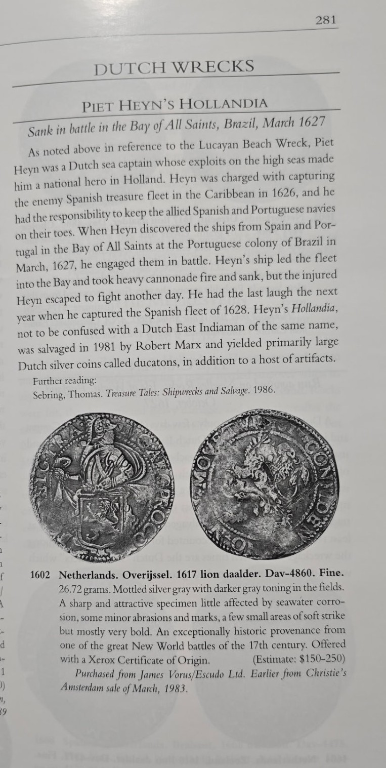 Auction catalog page headed Dutch Wrecks, Piet Heyn's Hollandia, with a plated 1617 lion daalder