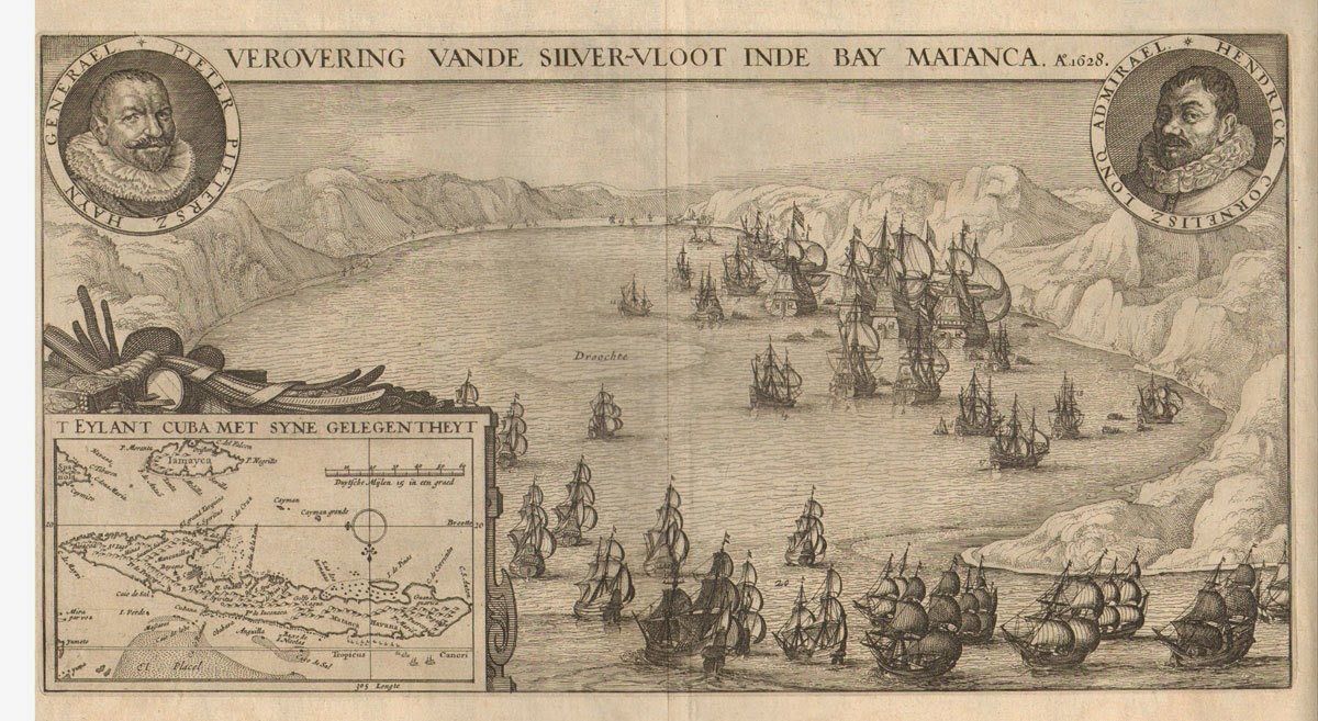 1651 engraving of the Dutch capture of the Spanish silver fleet in the Bay of Matanzas, with portraits of Piet Heyn and Hendrick Corneliszoon Lonck