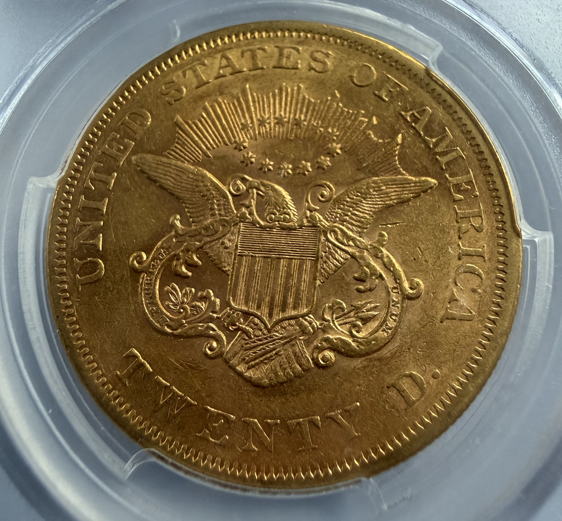 Reverse of the 1861 Liberty Head Double Eagle showing the heraldic eagle and TWENTY D.