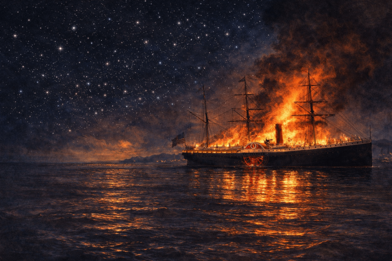 AI-generated night scene of the SS Japan burning at sea