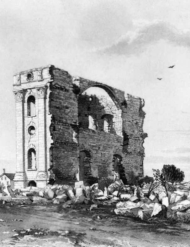 Engraving of the ruined Nauvoo Temple walls with cut limestone blocks scattered on the ground