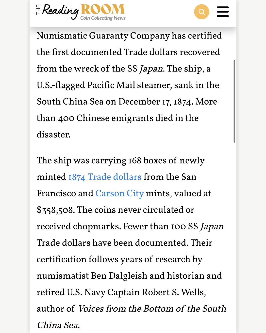 The Reading Room article text on the sinking of the SS Japan and its Trade dollar cargo