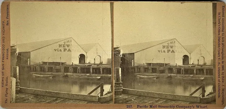 Pacific Mail Steamship Company's Wharf, stereoview by Eadweard Muybridge