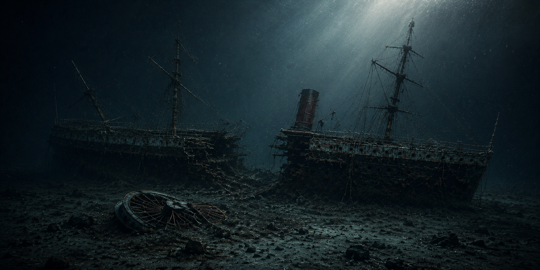 AI-generated underwater scene of the SS Japan wreck on the seabed
