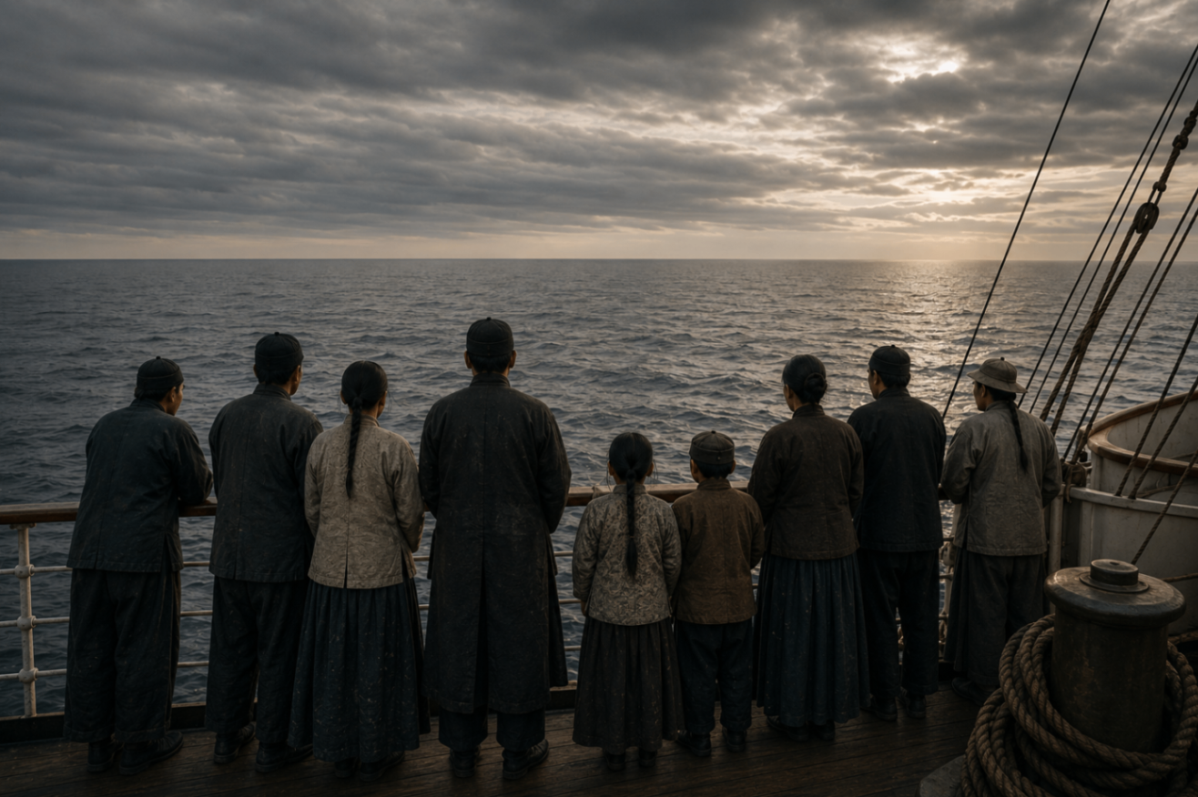 AI-generated scene of Chinese passengers at the stern rail at dawn