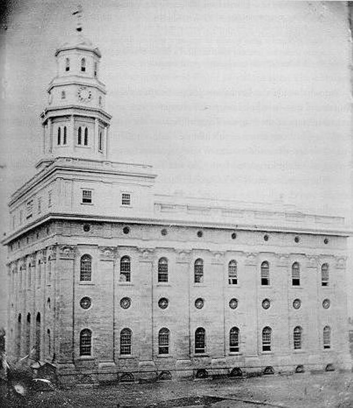 Early photograph of the completed Nauvoo Temple with its tower and clock face