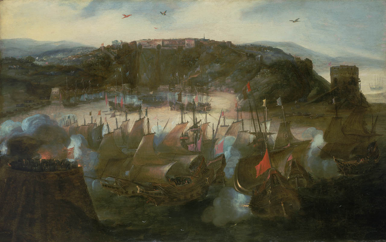 17th-century painting of a Dutch fleet attacking shipping below Salvador in the Bay of All Saints