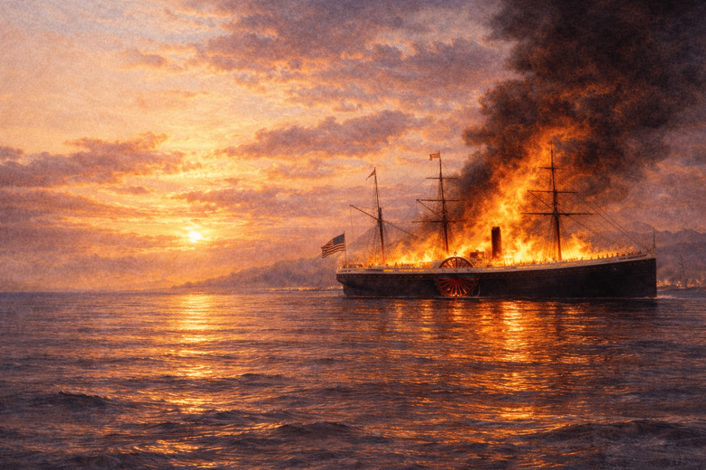 AI-generated sunrise scene of the SS Japan burning