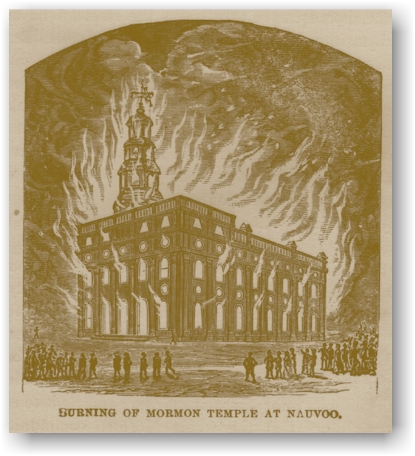 Period engraving showing the Nauvoo Temple in flames with crowds watching