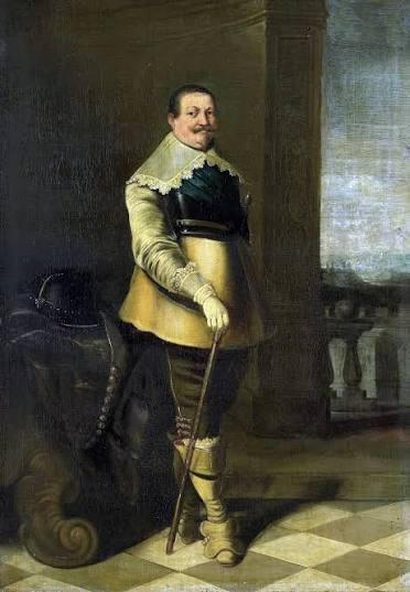 Full-length portrait of Piet Heyn in buff coat and breastplate, resting on a cane