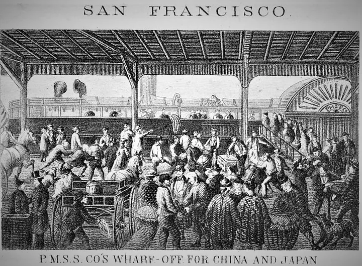 P.M.S.S. Co.'s Wharf, San Francisco - Off for China and Japan
