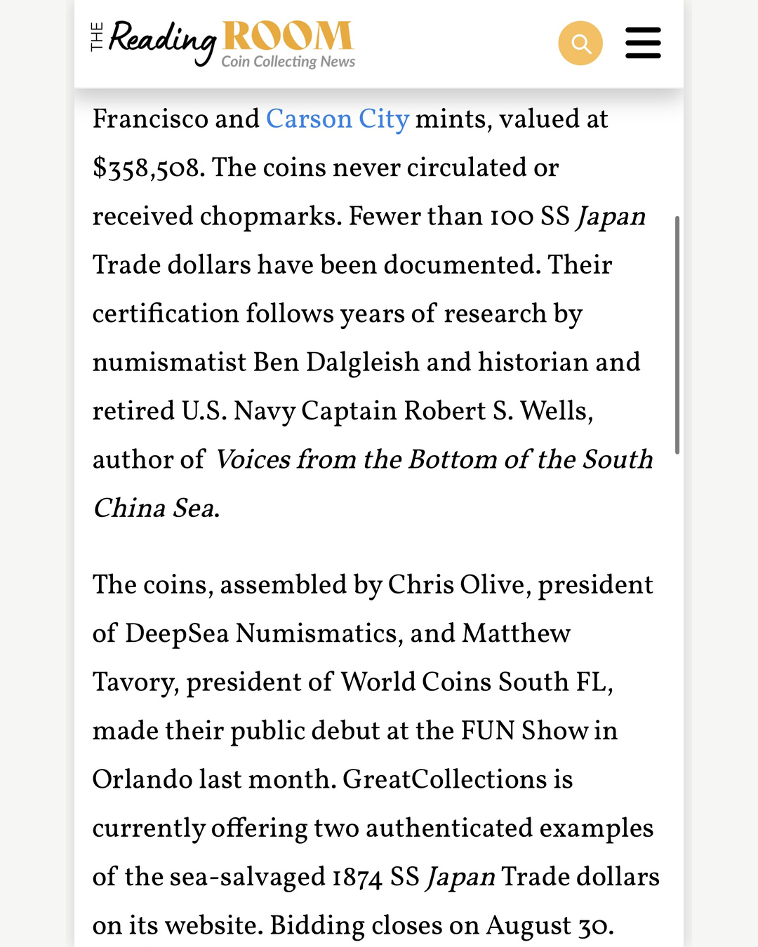The Reading Room article text crediting DeepSea Numismatics and World Coins South FL