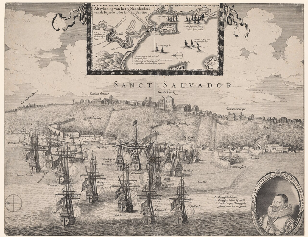 17th-century Dutch engraving of Sanct Salvador with the fleet in the Bay of All Saints, the Hollandia named among the ships