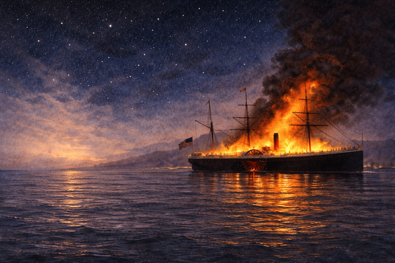 AI-generated dusk scene of the SS Japan burning