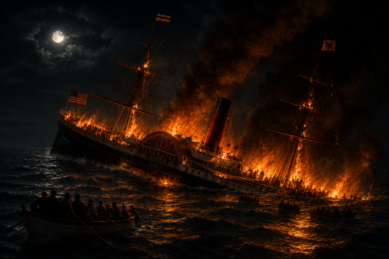 AI-generated scene of the burning SS Japan listing as lifeboats pull away