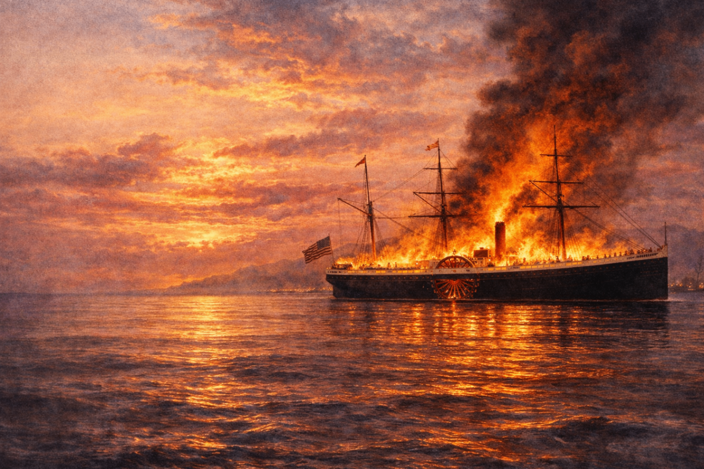 AI-generated close view of the SS Japan burning at sunset