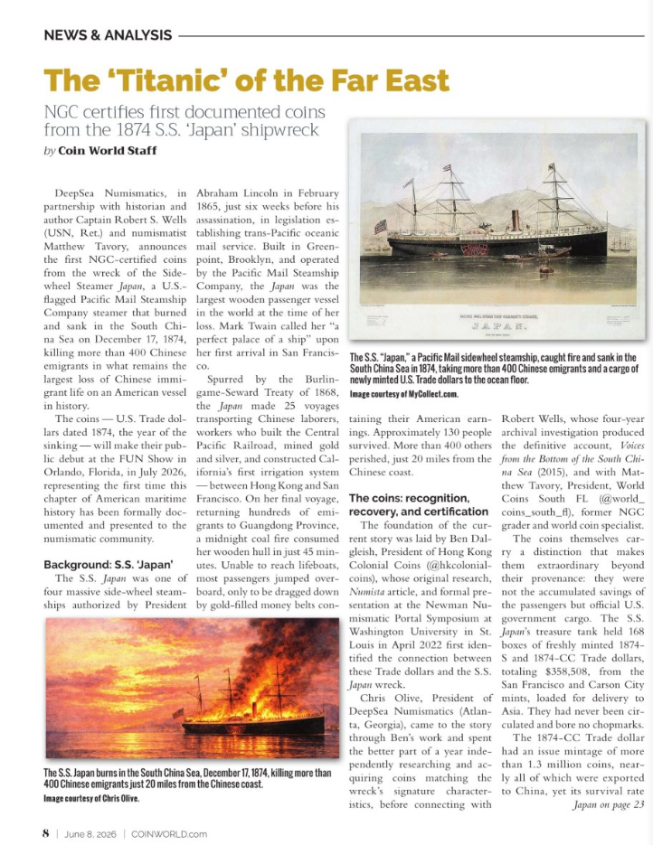 Coin World, June 8, 2026 - page 8: 'The Titanic of the Far East' feature on the SS Japan