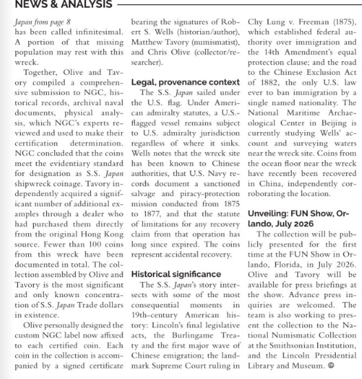 Coin World, June 8, 2026 - page 9: continuation of the SS Japan feature