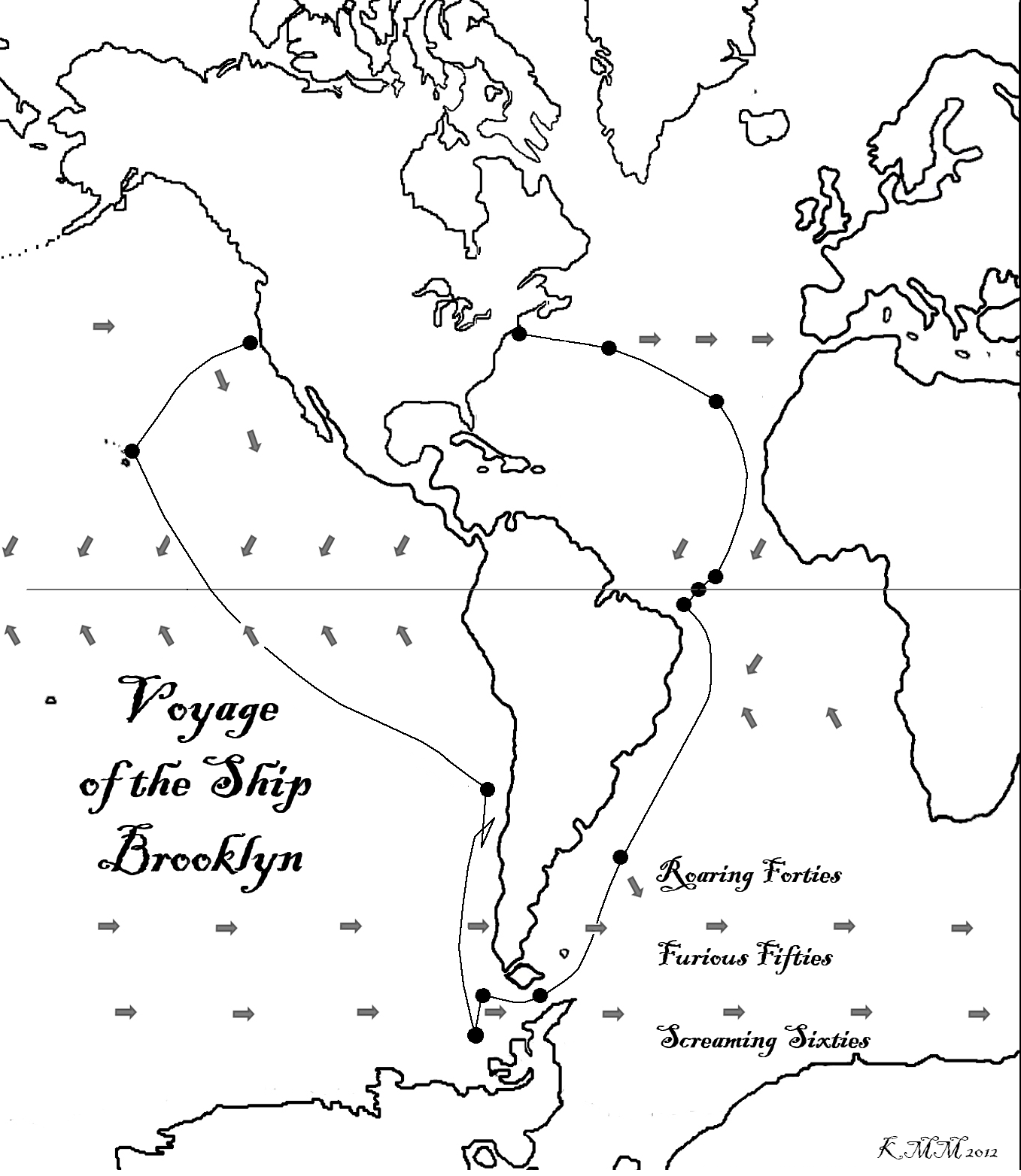 Hand-drawn map showing the voyage of the Ship Brooklyn, 1846