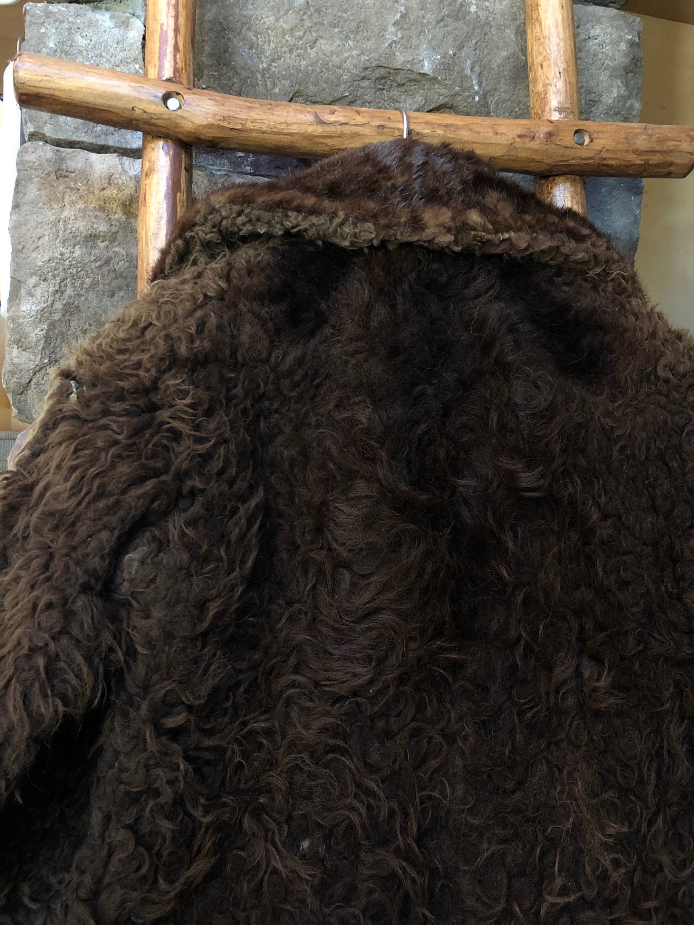 Detail of the curly fur shoulders and collar of Perry Engle's coat