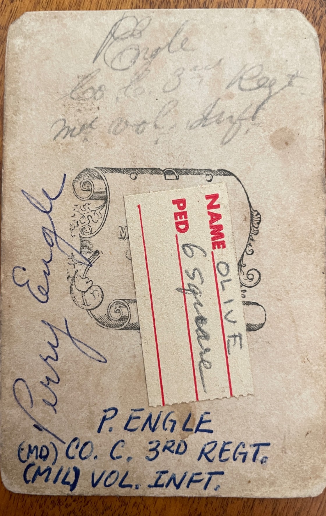 Reverse of Perry Engle's carte de visite with inked unit inscription and descendant notations