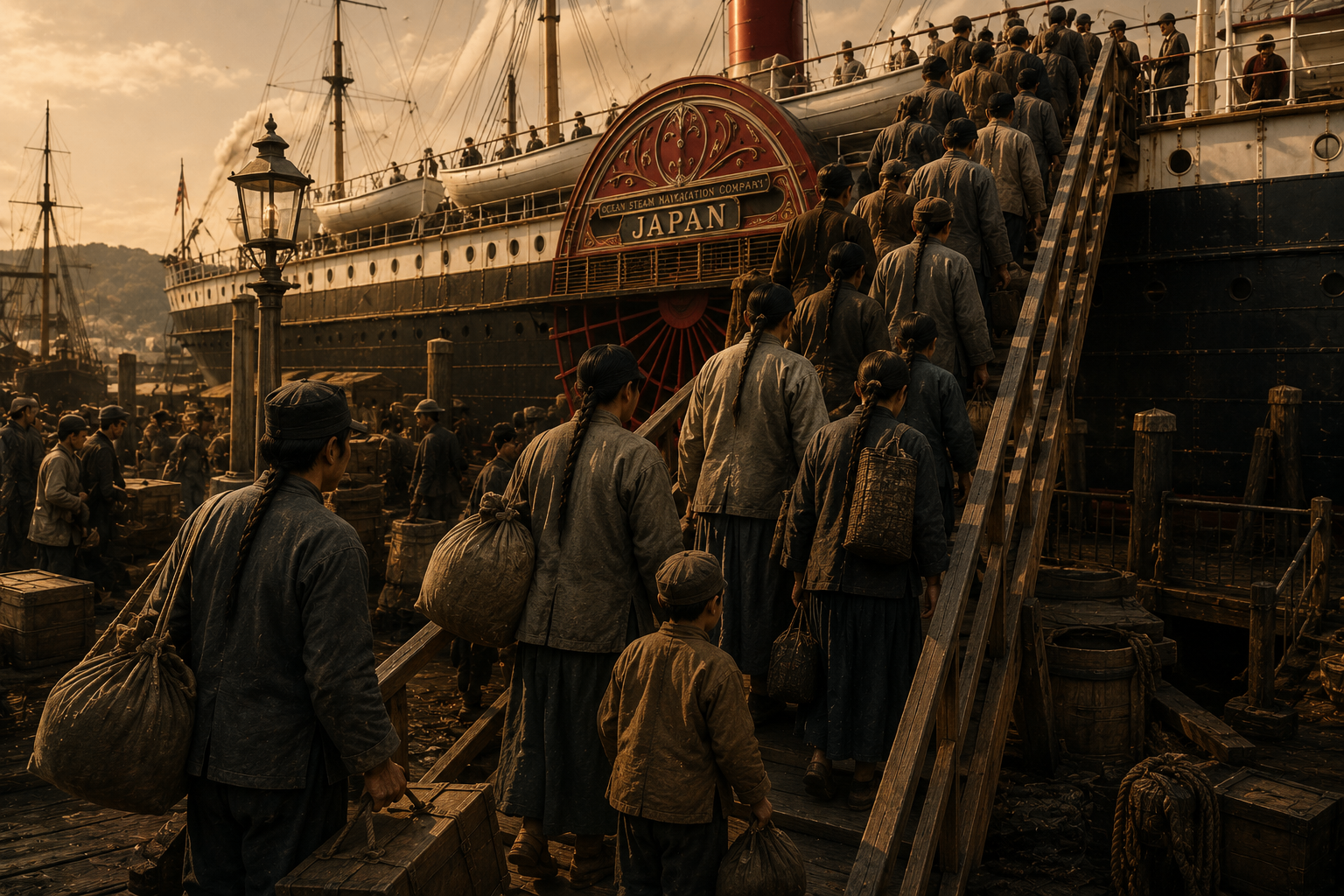 Chinese passengers boarding the SS Japan at a Pacific Mail wharf