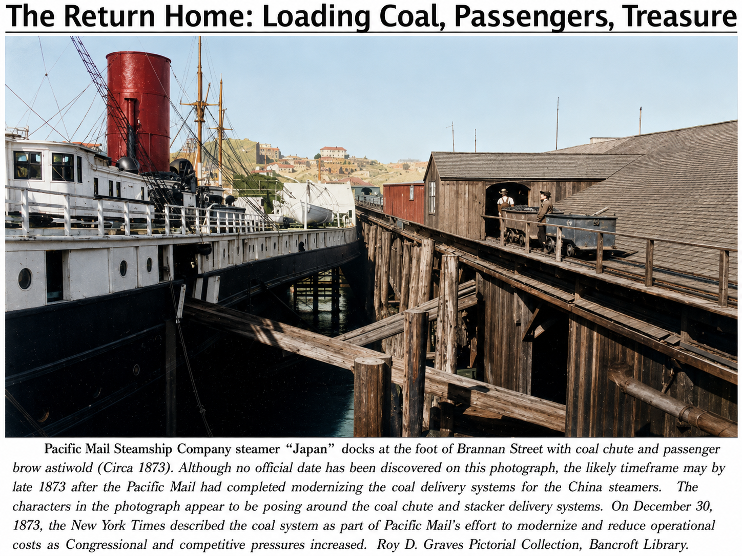 The SS Japan docked at the foot of Brannan Street, San Francisco, with coal chute and passenger brow alongside, c. 1873