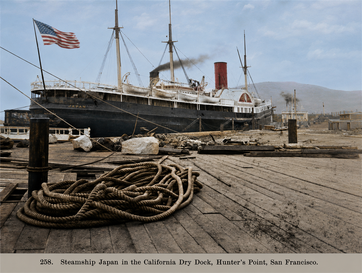 The steamship Japan moored at the California Dry Dock, Hunter's Point, San Francisco, c. 1869