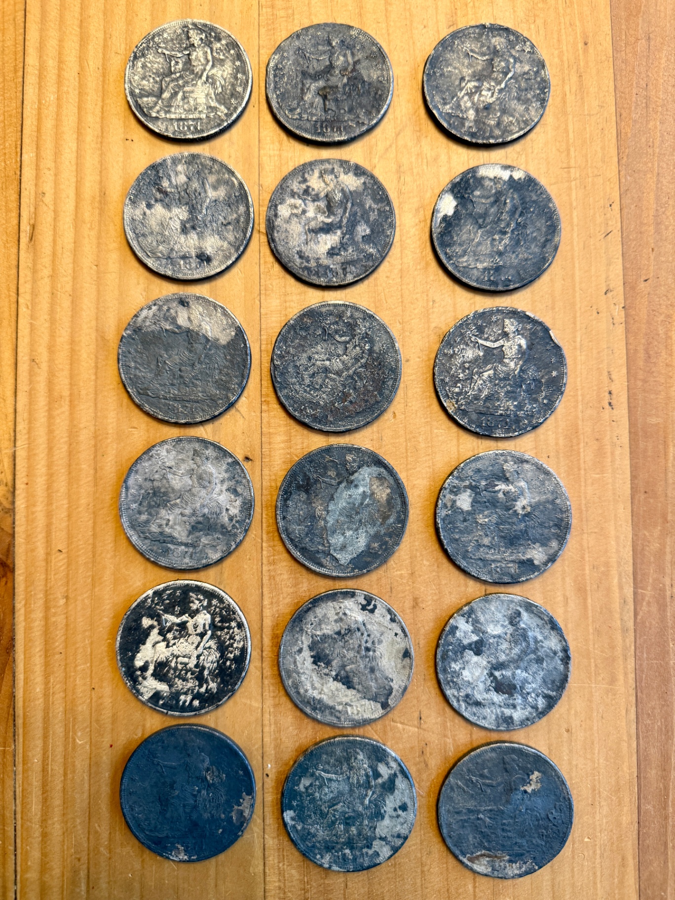 A row of 1874-CC Trade Dollars recovered from the SS Japan